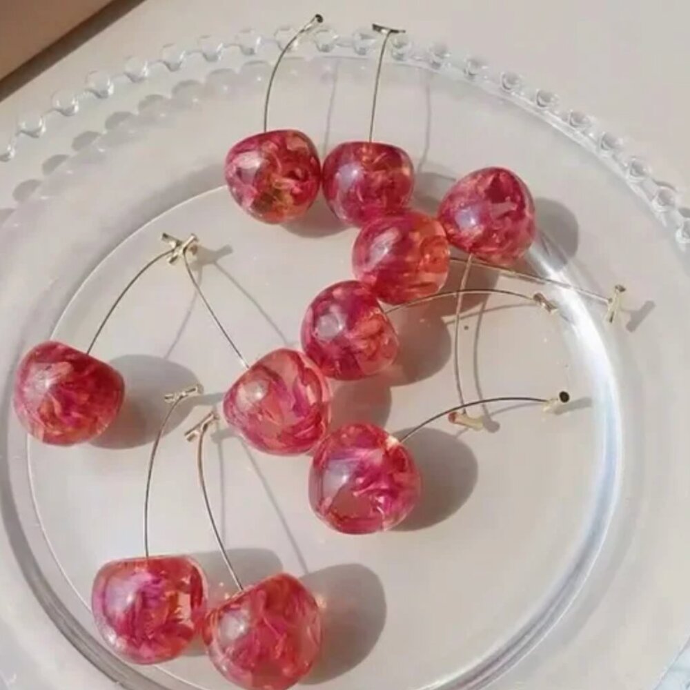 Anthropologie Pink Cherry Gold Drop Earrings
